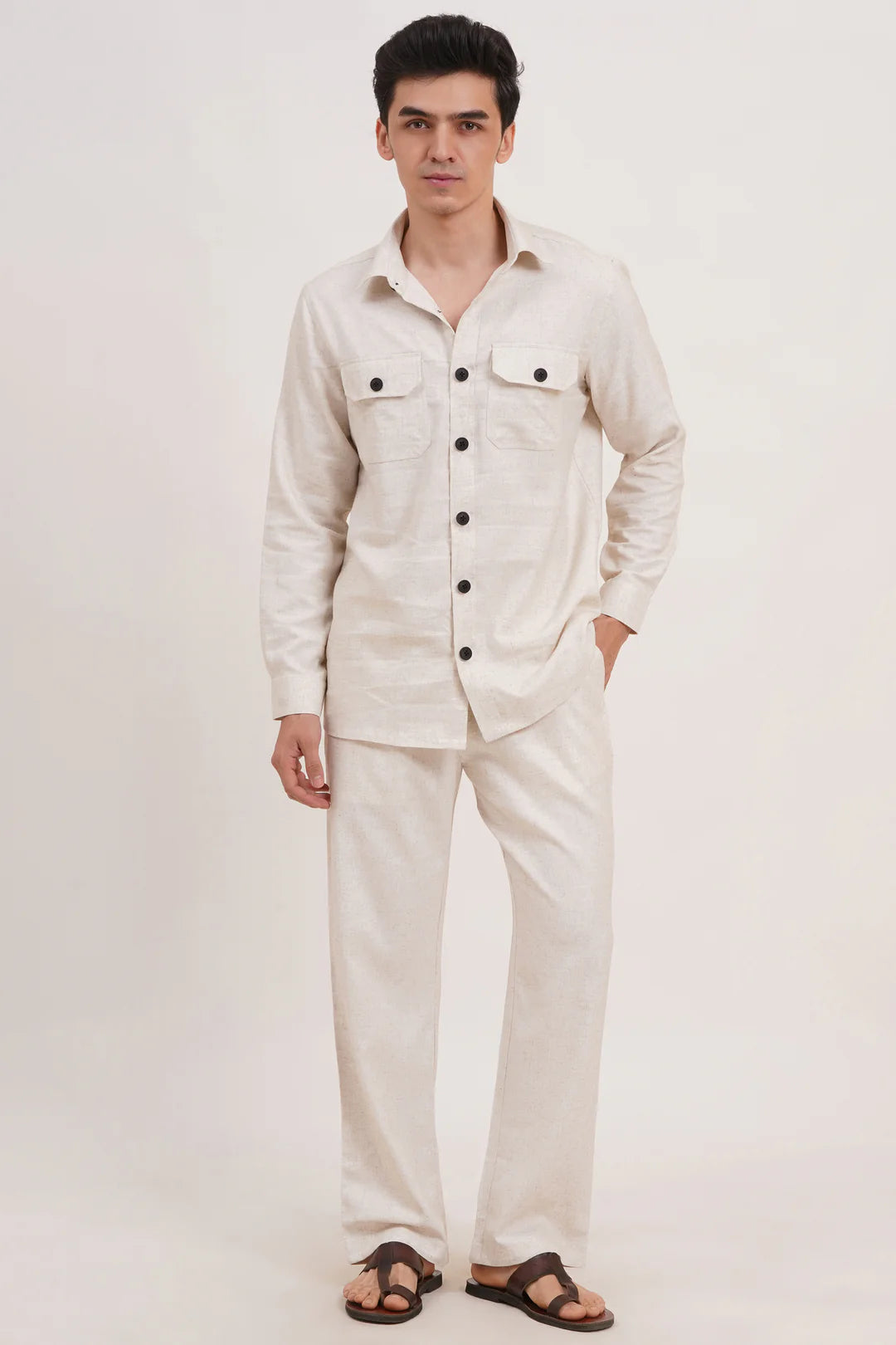 Men’s Warm Ivory Linen Blend Co-ords set – Breathable & Stylish Two-Piece Outfit