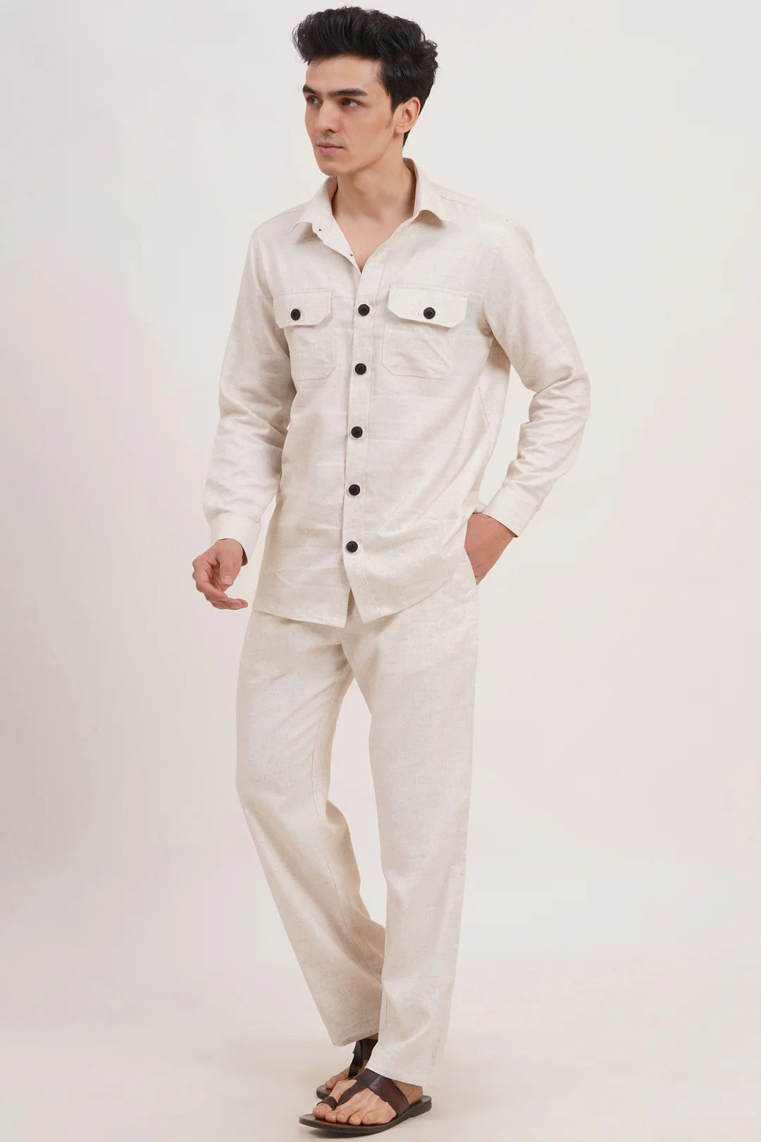 Men’s Warm Ivory Linen Blend Co-ords set – Breathable & Stylish Two-Piece Outfit