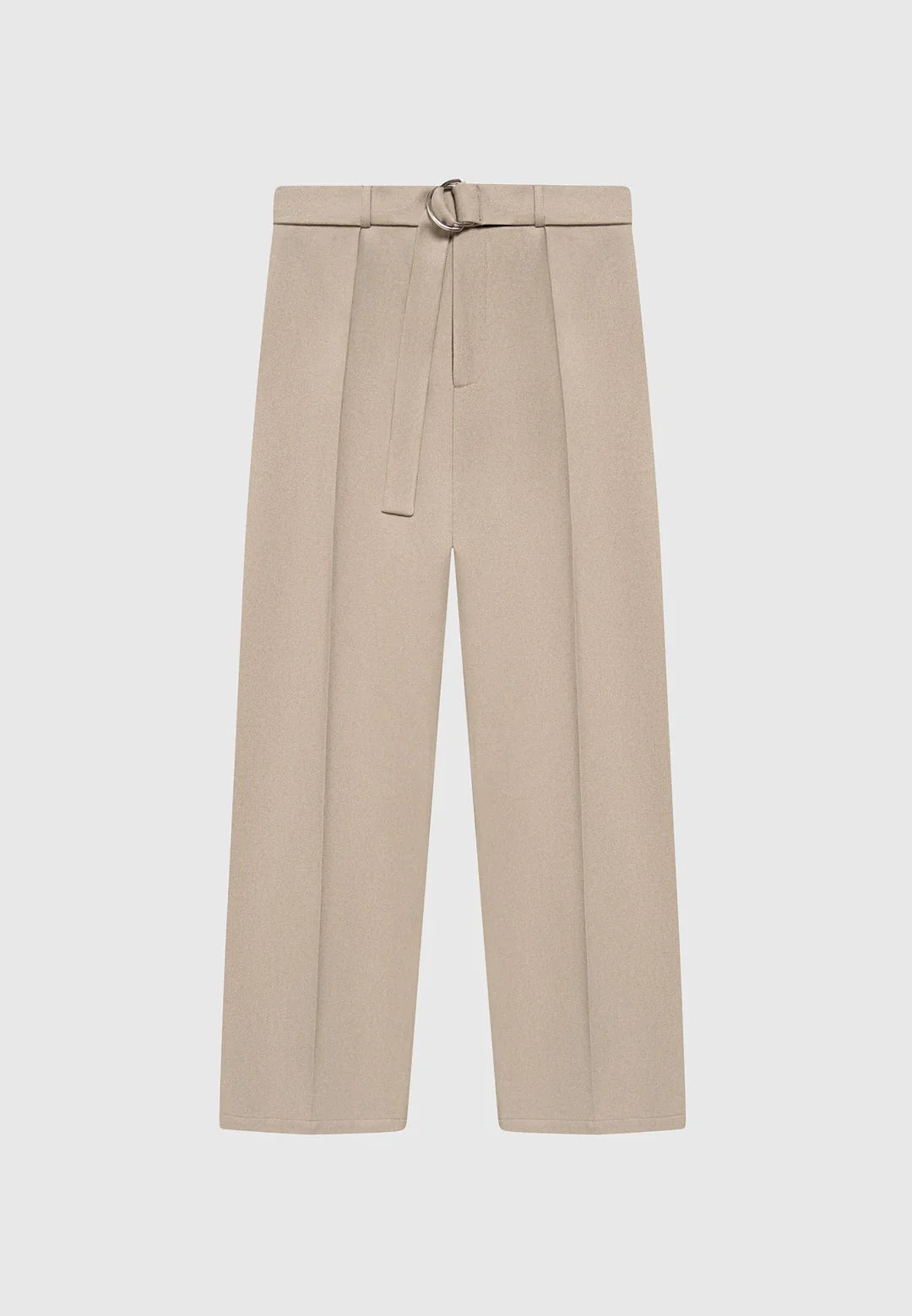 Beige Textured Belted Tailored Trousers - Relaxed Fit