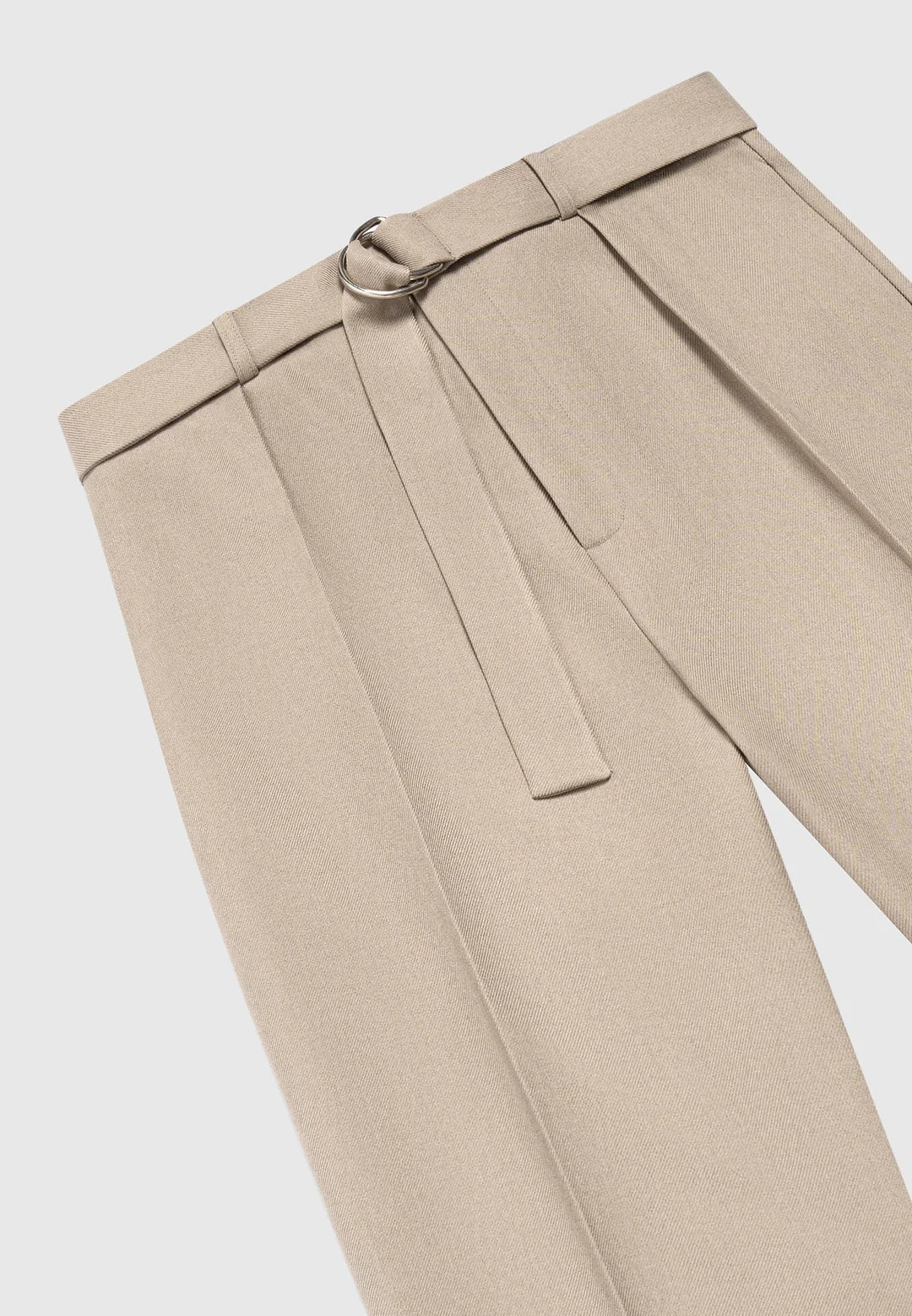 Beige Textured Belted Tailored Trousers - Relaxed Fit