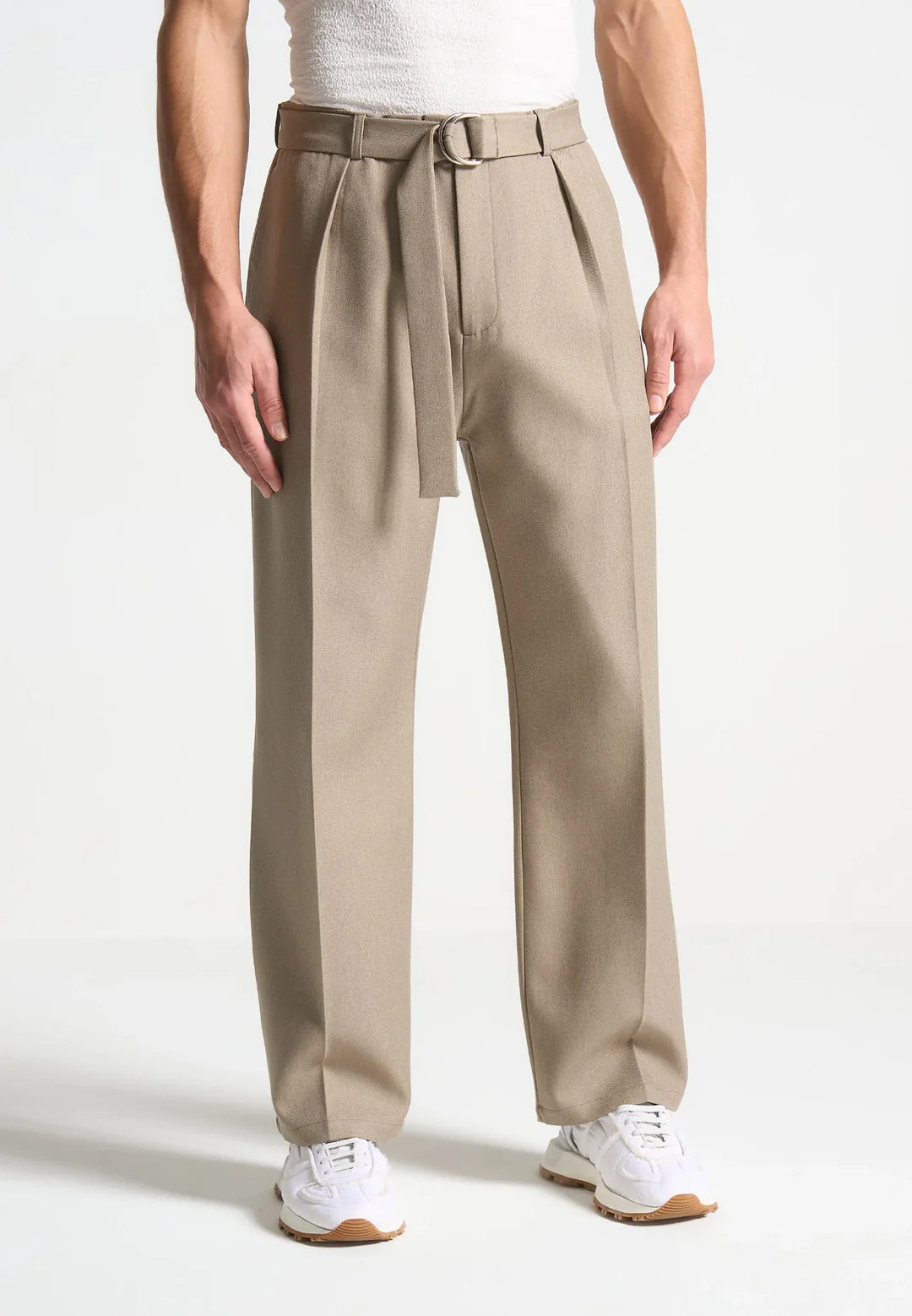 Beige Textured Belted Tailored Trousers - Relaxed Fit